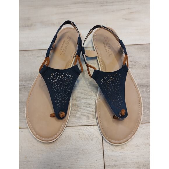 SPERRY Women's CALLA JADE Lazer-Cut Leather Thong Sandals DRESS BLUE  SIZE 8 - Picture 1 of 3